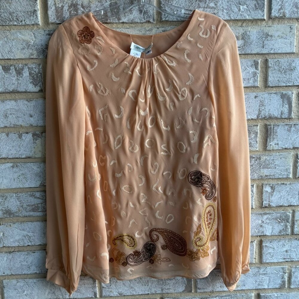 Coldwater Creek Long Sleeve Embroidered Paisley Silk Blouse Women's Size S